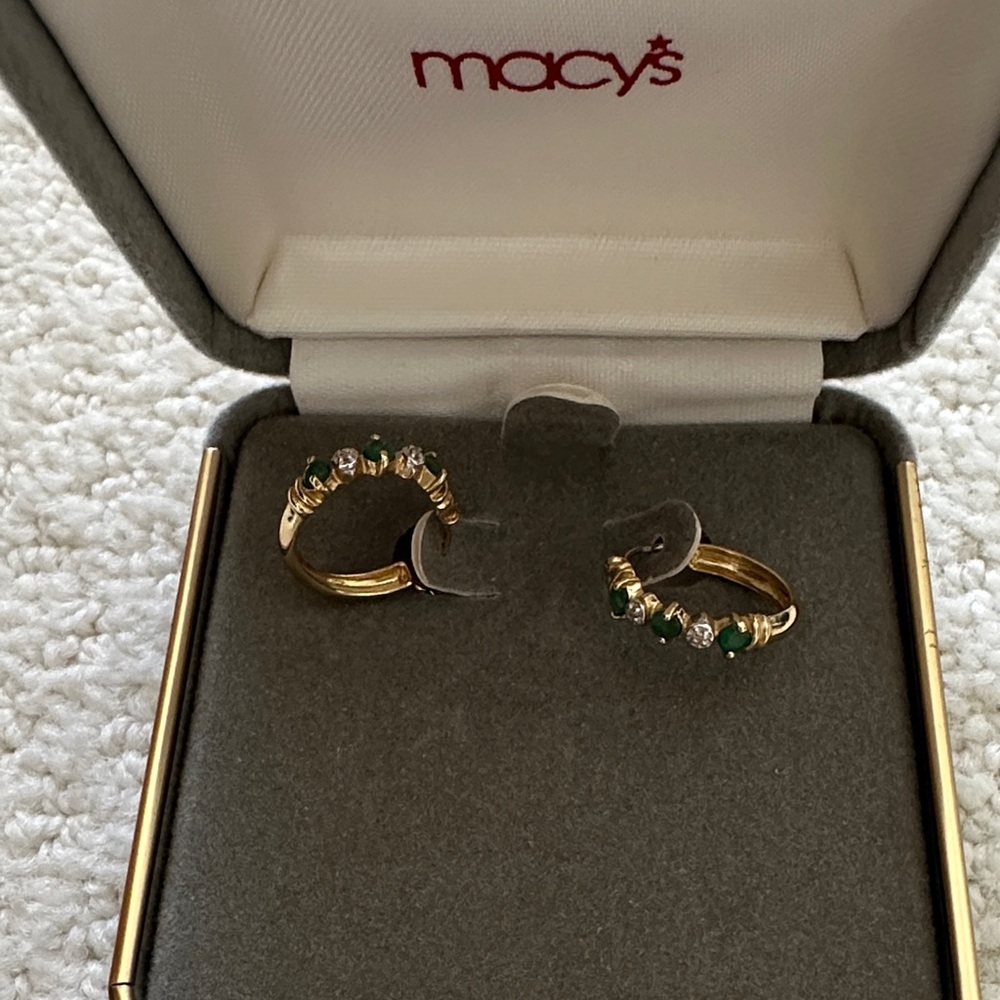Macy's Gold Hoop Earrings, with emerald and diamond chip accents.